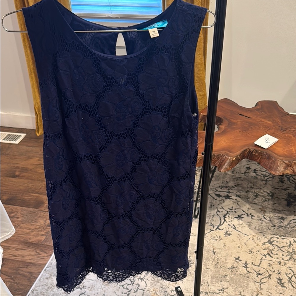 Buttons Blue Sleeveless Mini Dress with Lace - Picture 5 of 7